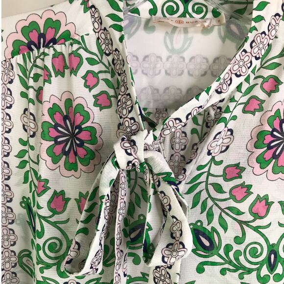 Tory Burch Kia Silk Blouse Wns Sz 0 White Floral Button Down Tie Neck 60's Calif - Picture 4 of 8
